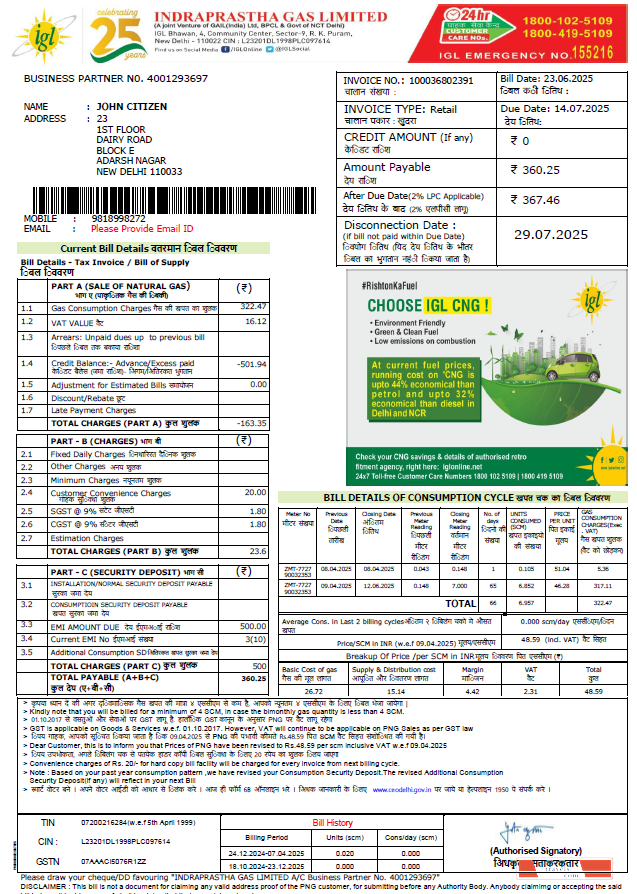 India Indraprastha Gas utility bill template in Word and PDF formats